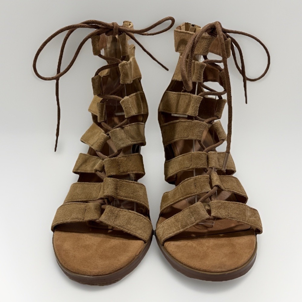 Crown Vintage Danny Camel‎ Suede Gladiator Block Heel Sandals Size 8